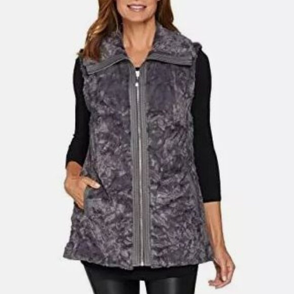 Dennis Basso Faux Fur Vegan Leather Zip Front Jacket w/ Zip-Off Sleeves NEW - Picture 14 of 14